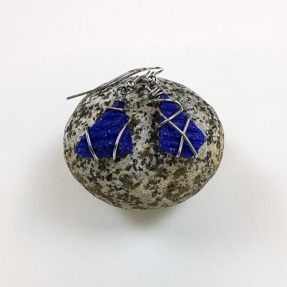 Silver Wire Wrapped Blue Tile Asymmetric Earrings - Picture 8 of 9